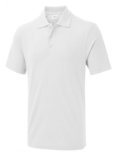 Uneek Clothing UX1 The UX Polo in white with short sleeves, collar and three button plackett.
