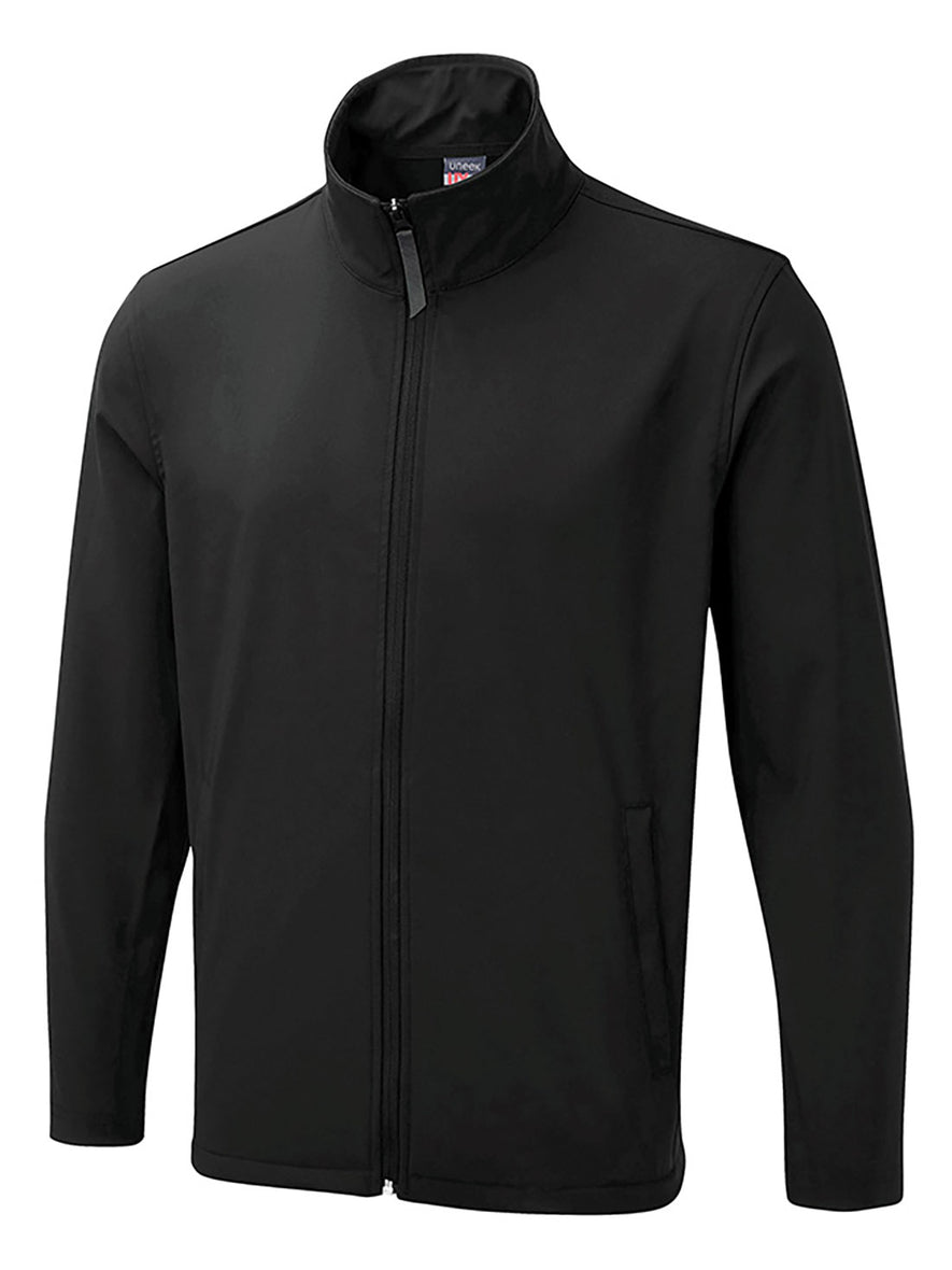 Uneek Clothing UX10 The UX Printable Soft Shell Jacket in black with long sleeves, collar, two lower side pockets with zips and full zip fastening.
