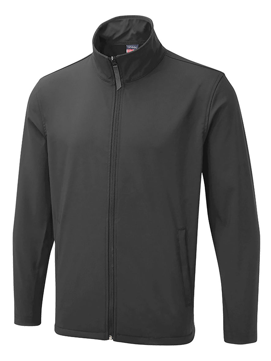 Uneek Clothing UX10 The UX Printable Soft Shell Jacket in charcoal with long sleeves, collar, two lower side pockets with zips and full zip fastening.