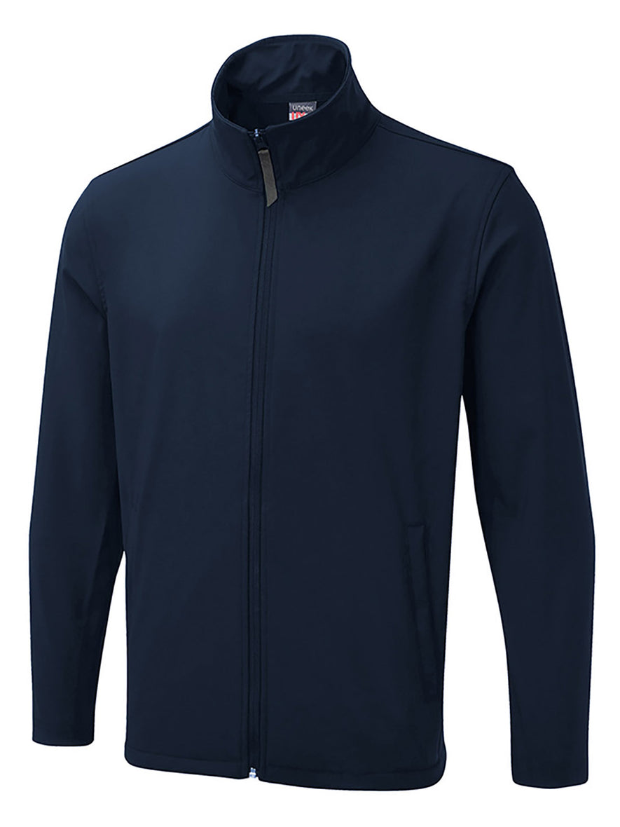 Uneek Clothing UX10 The UX Printable Soft Shell Jacket in navy with long sleeves, collar, two lower side pockets with zips and full zip fastening.