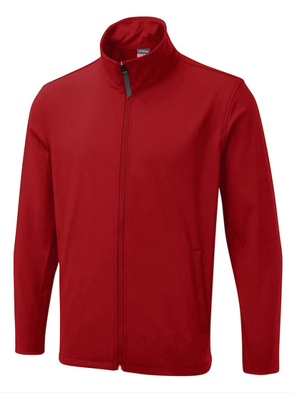 Uneek Clothing UX10 The UX Printable Soft Shell Jacket in red with long sleeves, collar, two lower side pockets with zips and full zip fastening.