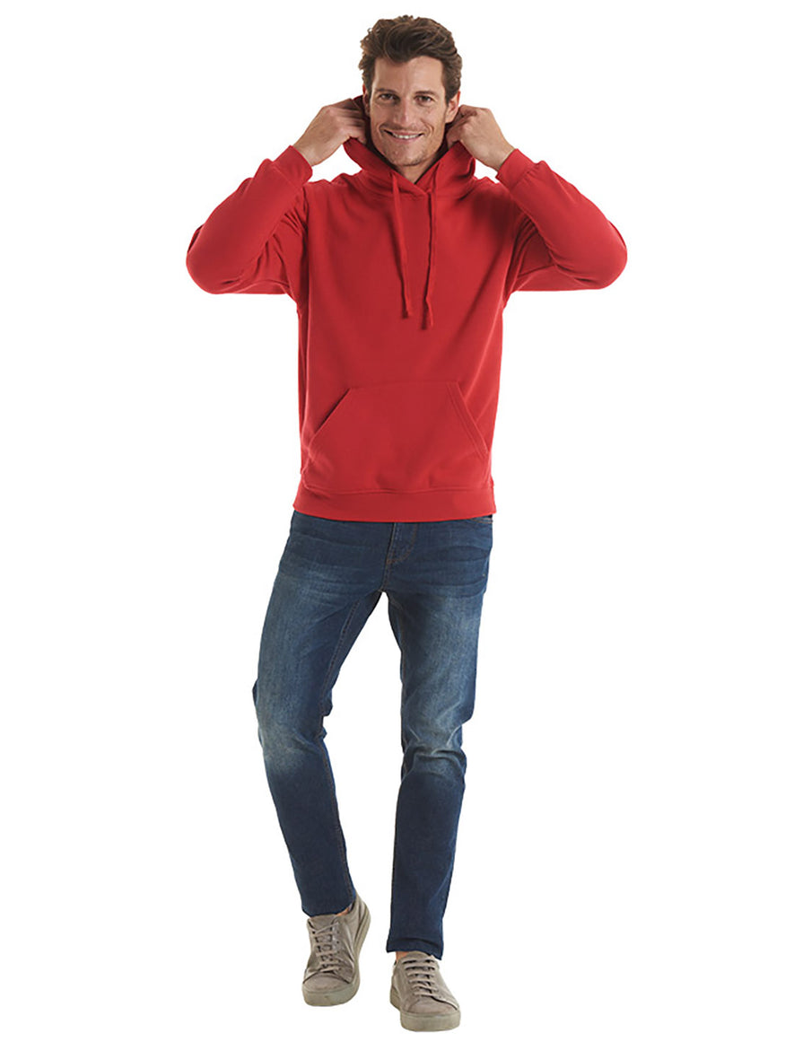 Person wearing Uneek Clothing UX4 The UX Hoodie in red with long sleeves, hood with drawstring, large front lower pocket and elasticated wrists and bottom.