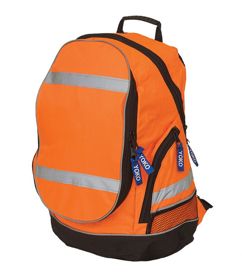 Orange Hi vis bag with hi vis bands and black trip across the bag.