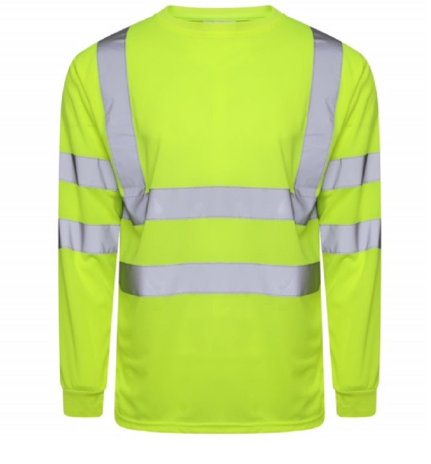 Yellow Hi vis crew neck long sleeve t-shirt. T-Shirts have two hi vis waist bands and hi vis shoulder bands.